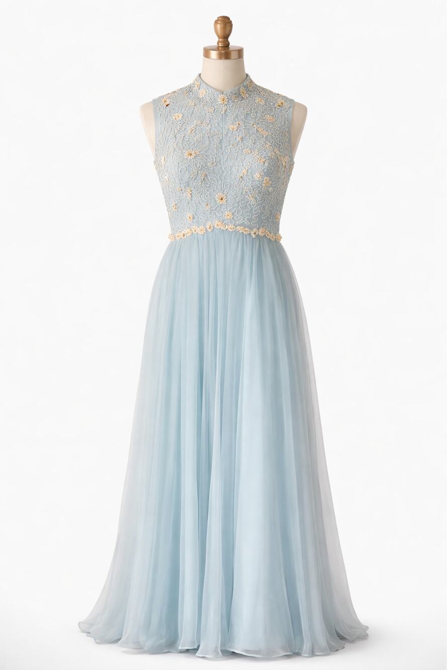 Vintage Light Blue Embroidered Tulle Dress 1950s Formal Beaded Handmade